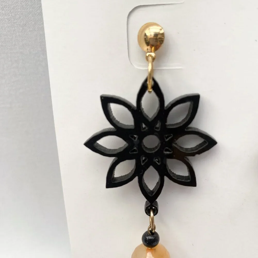 Black Acrylic Earrings with Agate and Murano Crystals